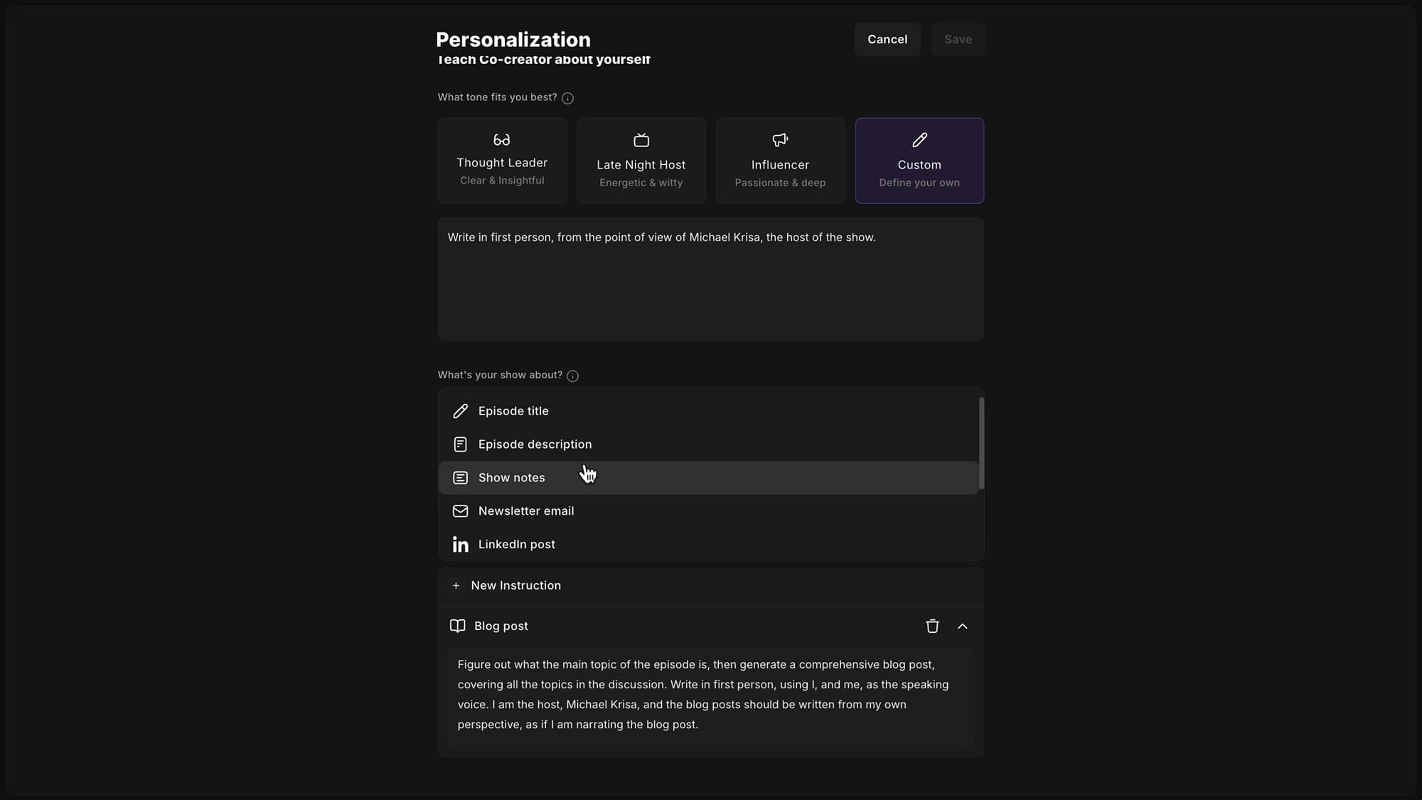 Blog post custom instruction with detailed prompt for first-person comprehensive writing