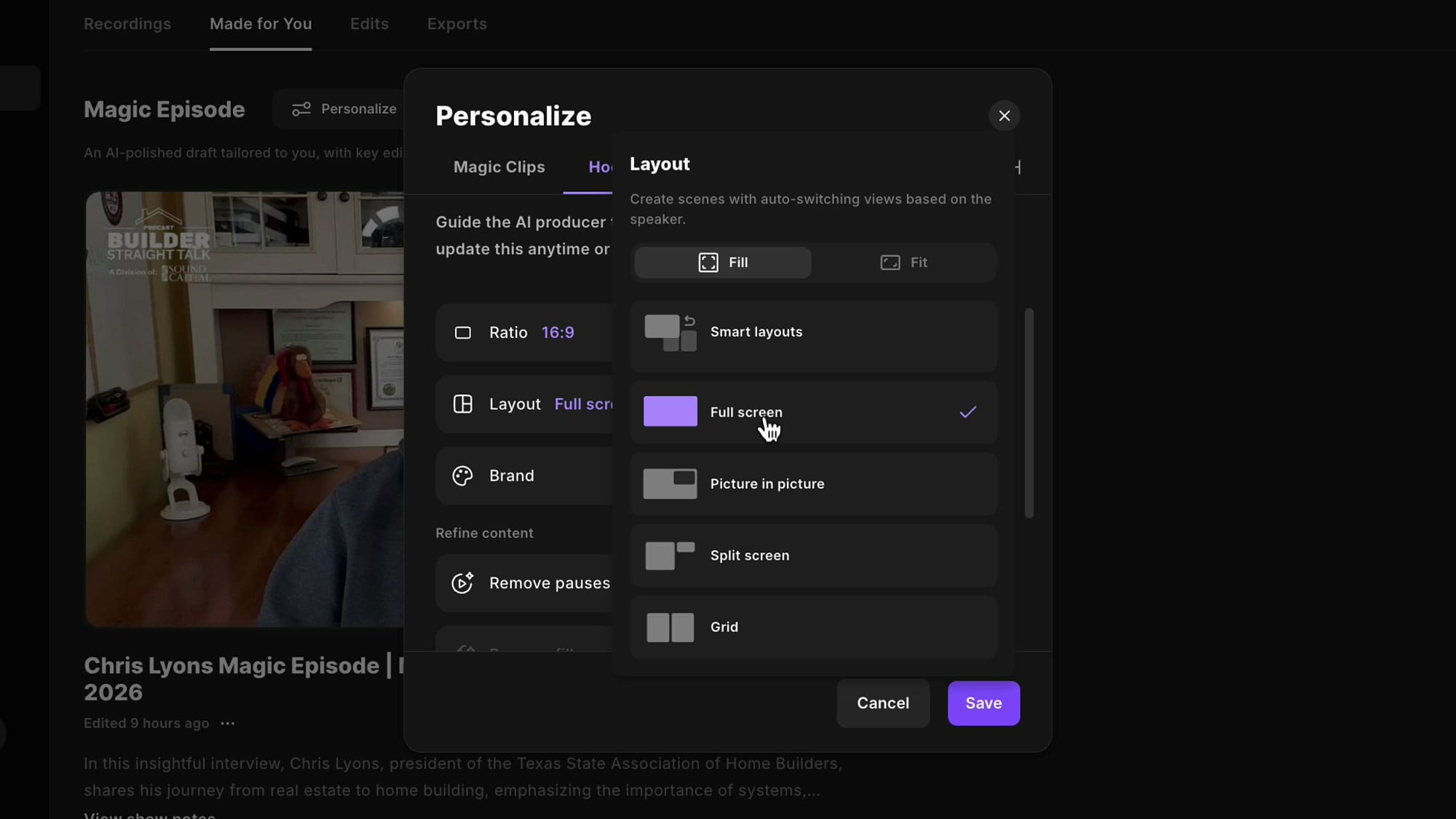 Hooks personalization showing Layout options: Full screen, Picture in picture, Split screen, Grid