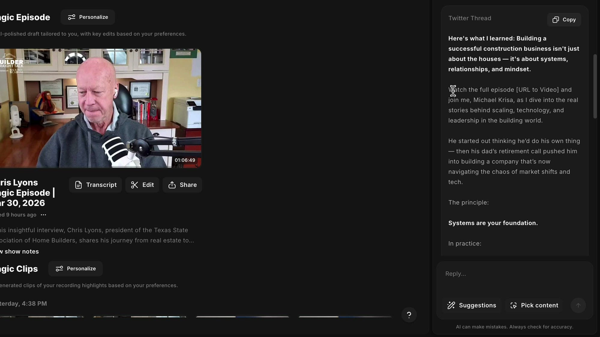 Generated X thread showing first-person voice and URL to video placeholder
