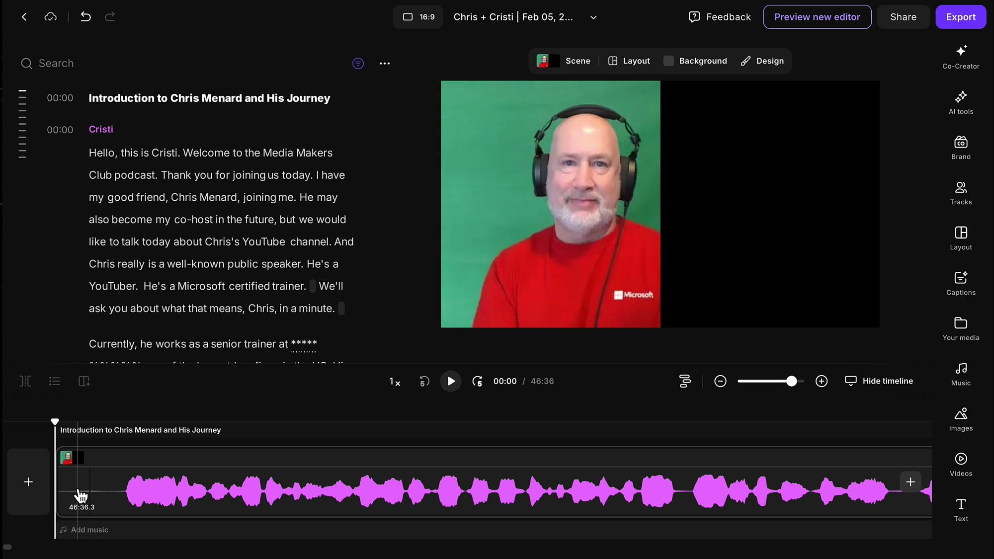 Riverside editor showing transcript, video preview, and timeline