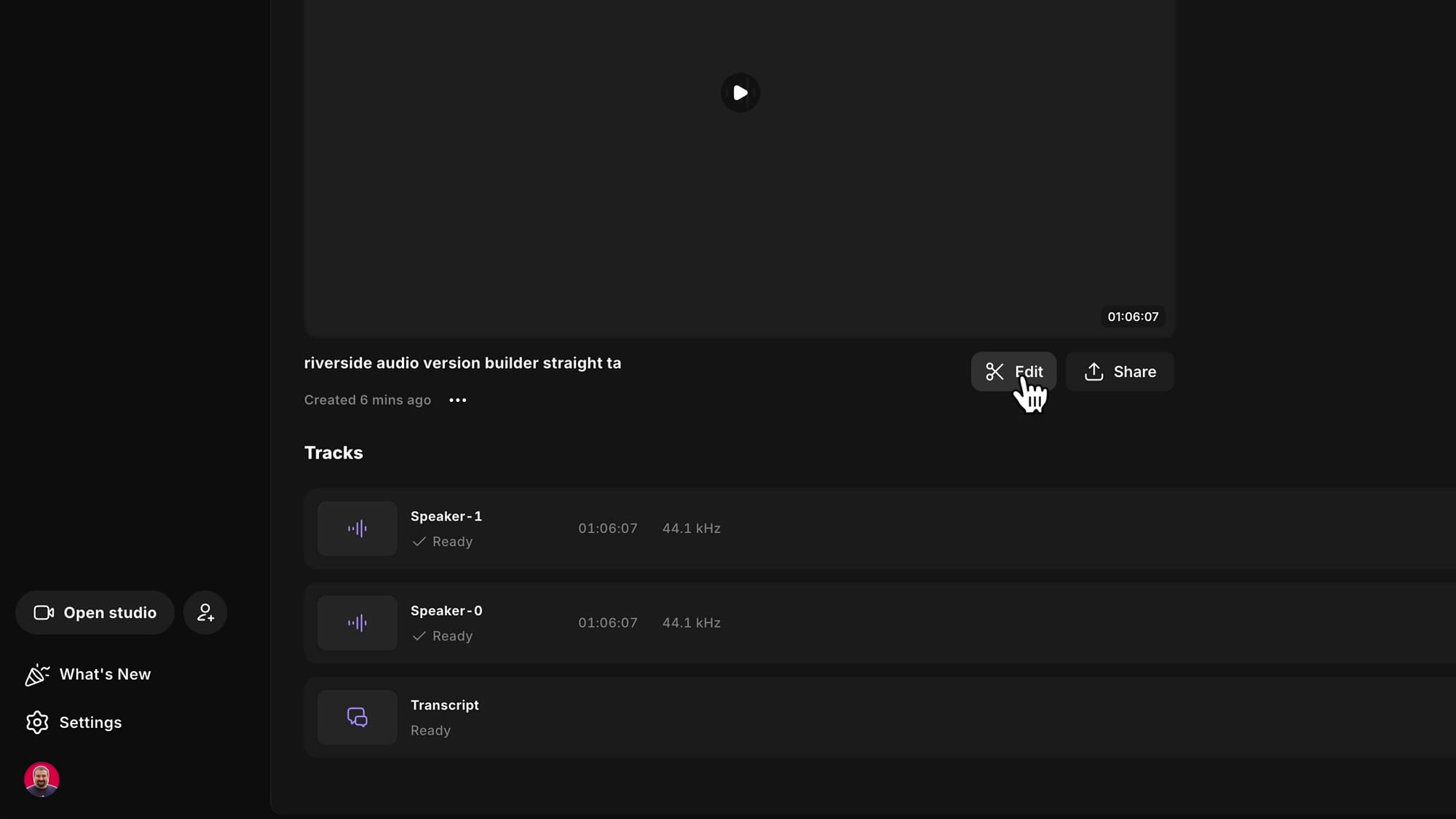 Riverside Recordings tab showing two separated speaker tracks (Speaker-1 and Speaker-0) both marked Ready, with Edit and Share buttons