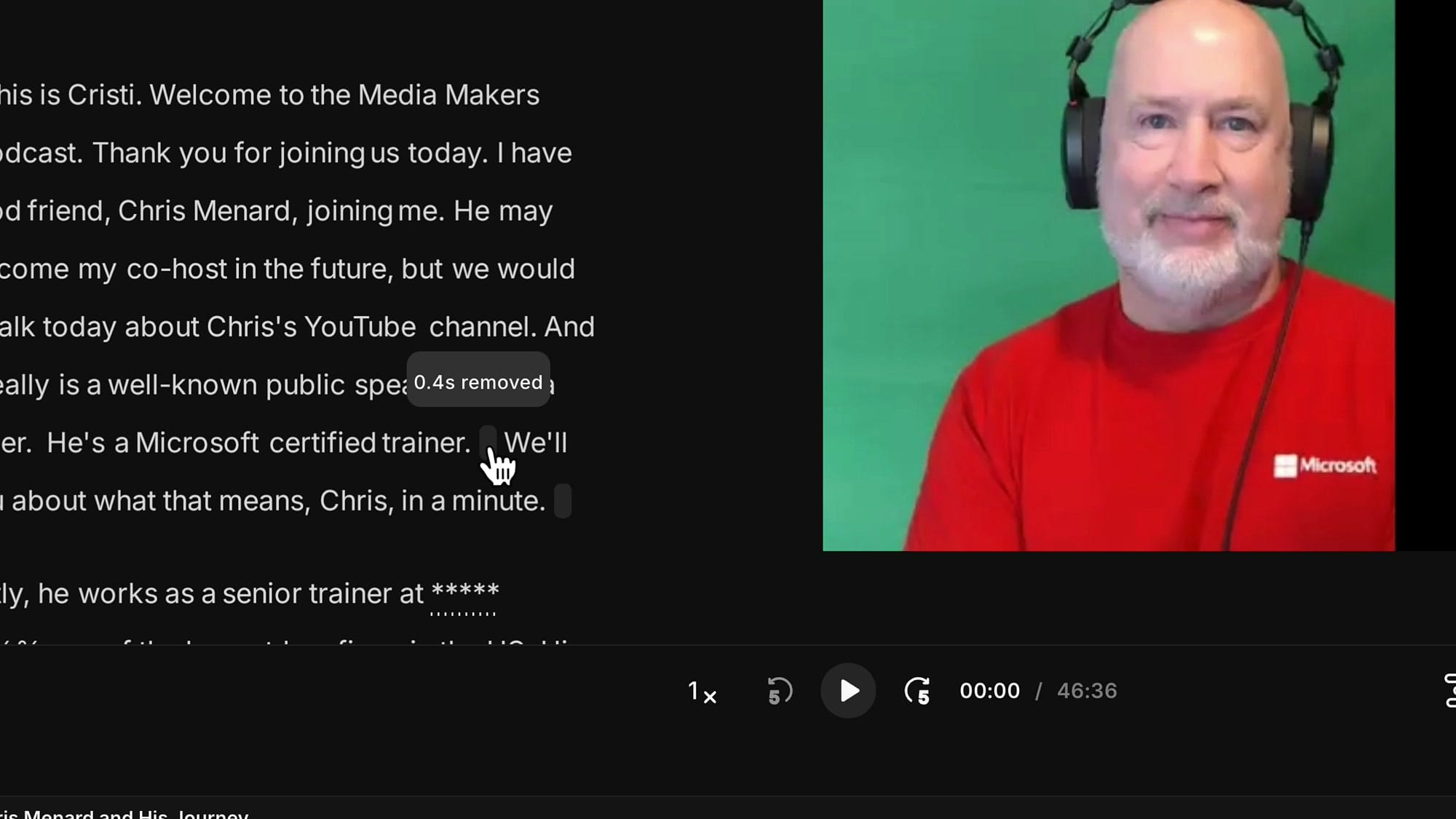 Riverside timeline showing a 0.4 second removed region tooltip