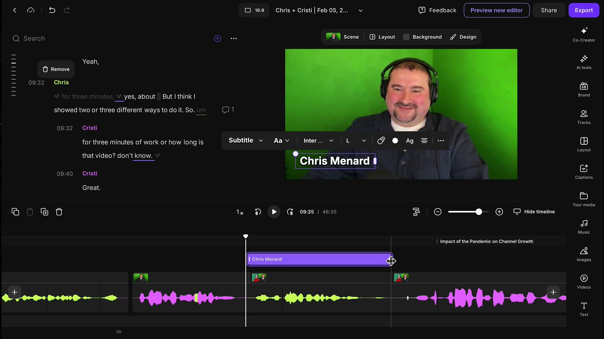 Riverside editor showing Chris Menard subtitle text overlaid on video with the text element visible in the timeline