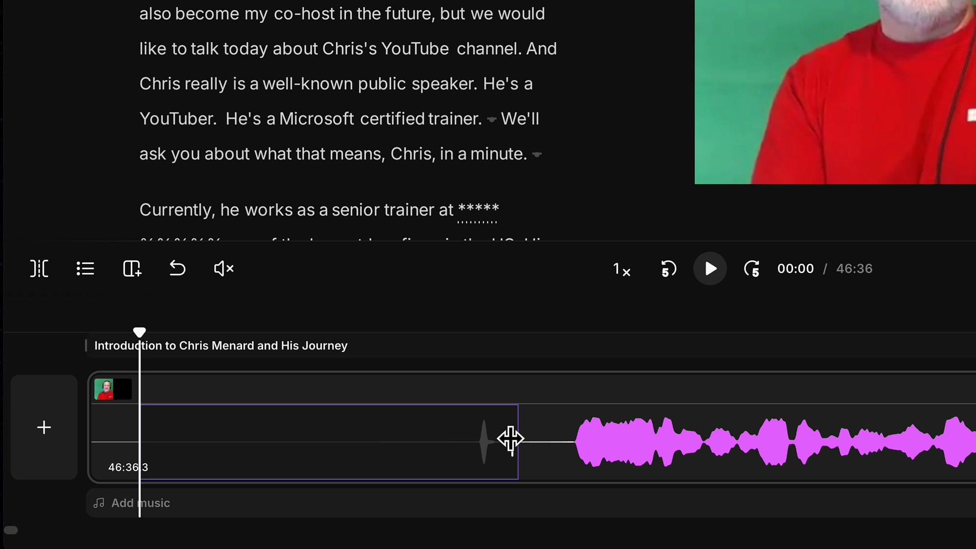 Riverside timeline zoomed in showing a trim handle on a deleted region
